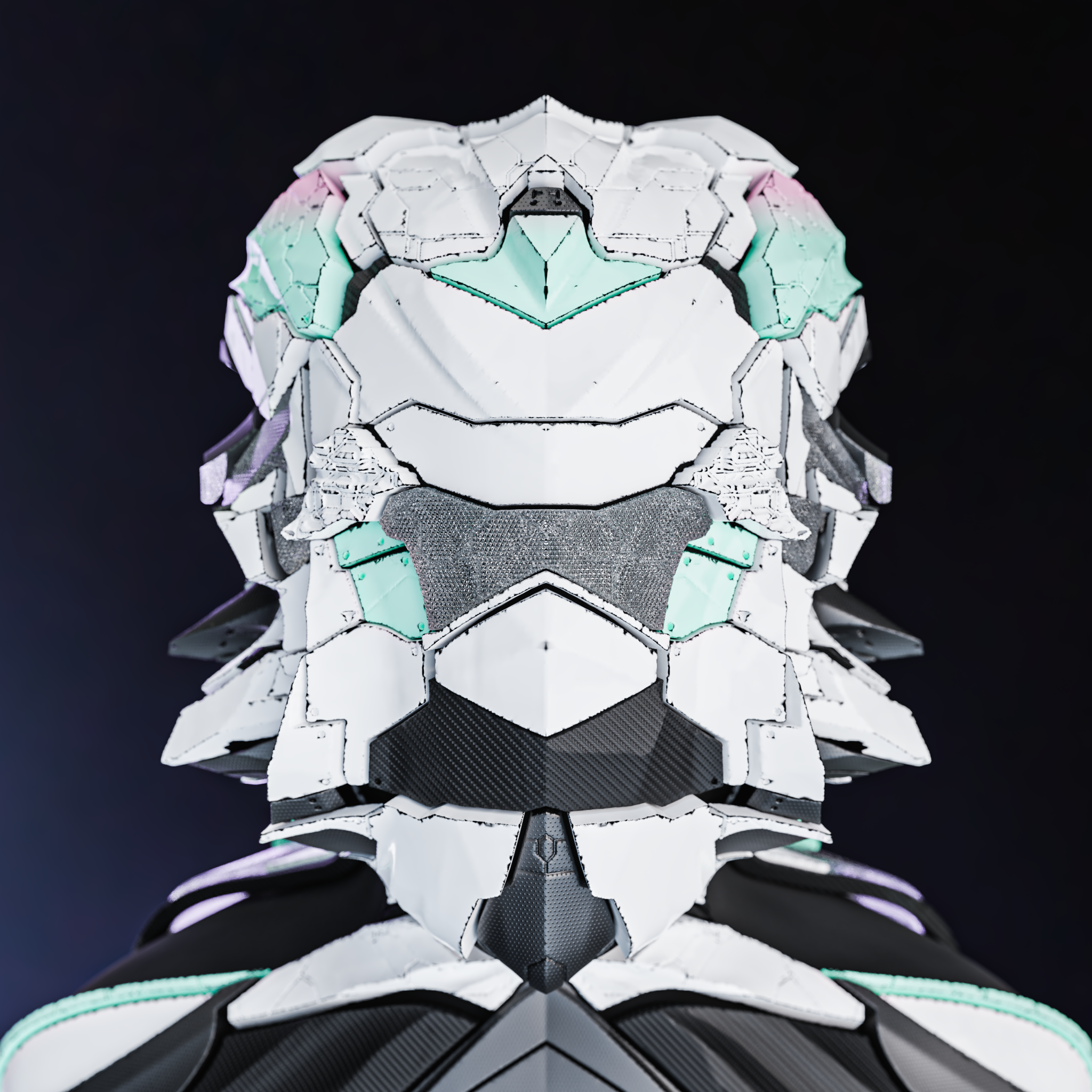 Large metallic matte futuristic helmet with teal and pink accents facing head-on.